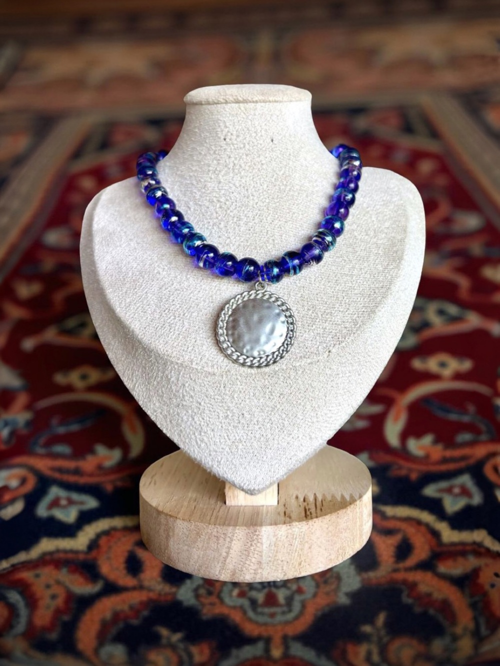 One of a kind Iridescent Blue Beaded Necklace with Silver Medallion Pendant